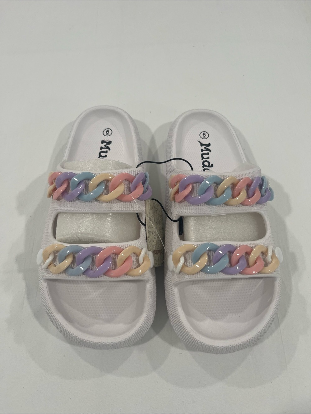 Mudd Girls' White Slide Sandals with Pastel Chain Detail